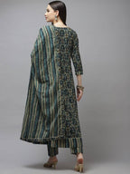 Yufta Women Green Printed Gotta Patti Pure Cotton Kurta with Trouser and Dupatta | Grocsy
