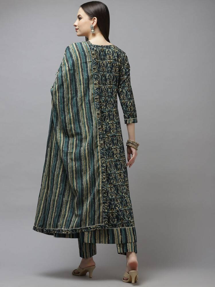 Yufta Women Green Printed Gotta Patti Pure Cotton Kurta with Trouser and Dupatta | Grocsy
