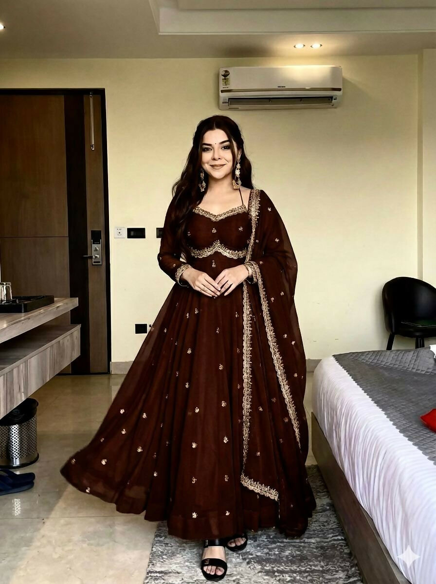 Teeya Creation Womens New Fancy Fox Georgette Heavy Quality Fabric With Handwork Brown Gown Set | Grocsy
