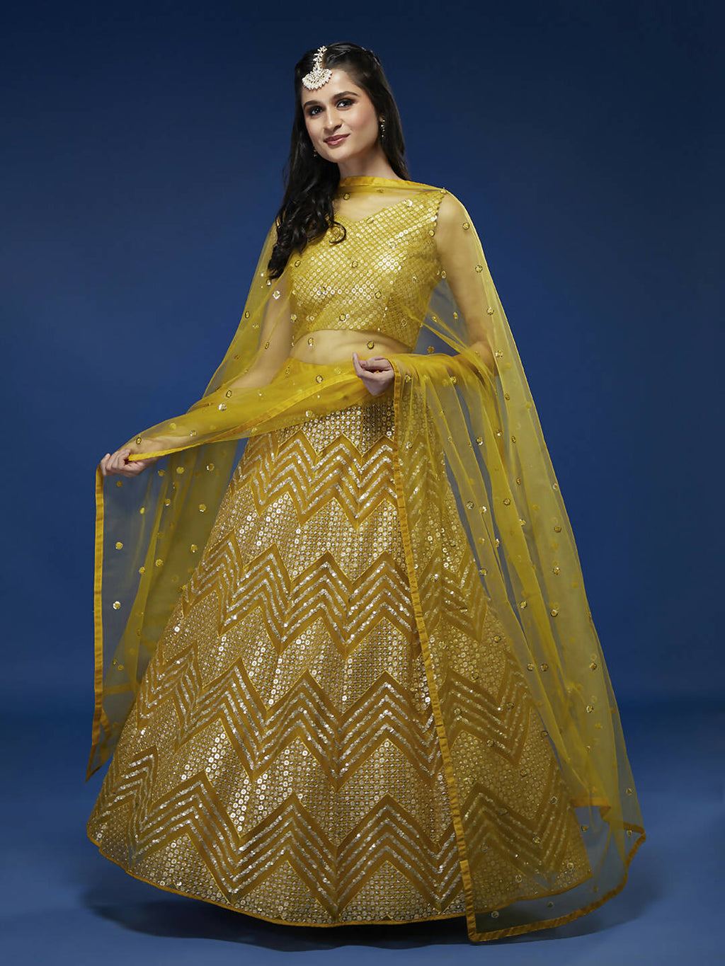 House of Panchhi Mustard Net Sequinse Work Lehenga & Blouse, Dupatta | Grocsy