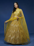 House of Panchhi Mustard Net Sequinse Work Lehenga & Blouse, Dupatta | Grocsy