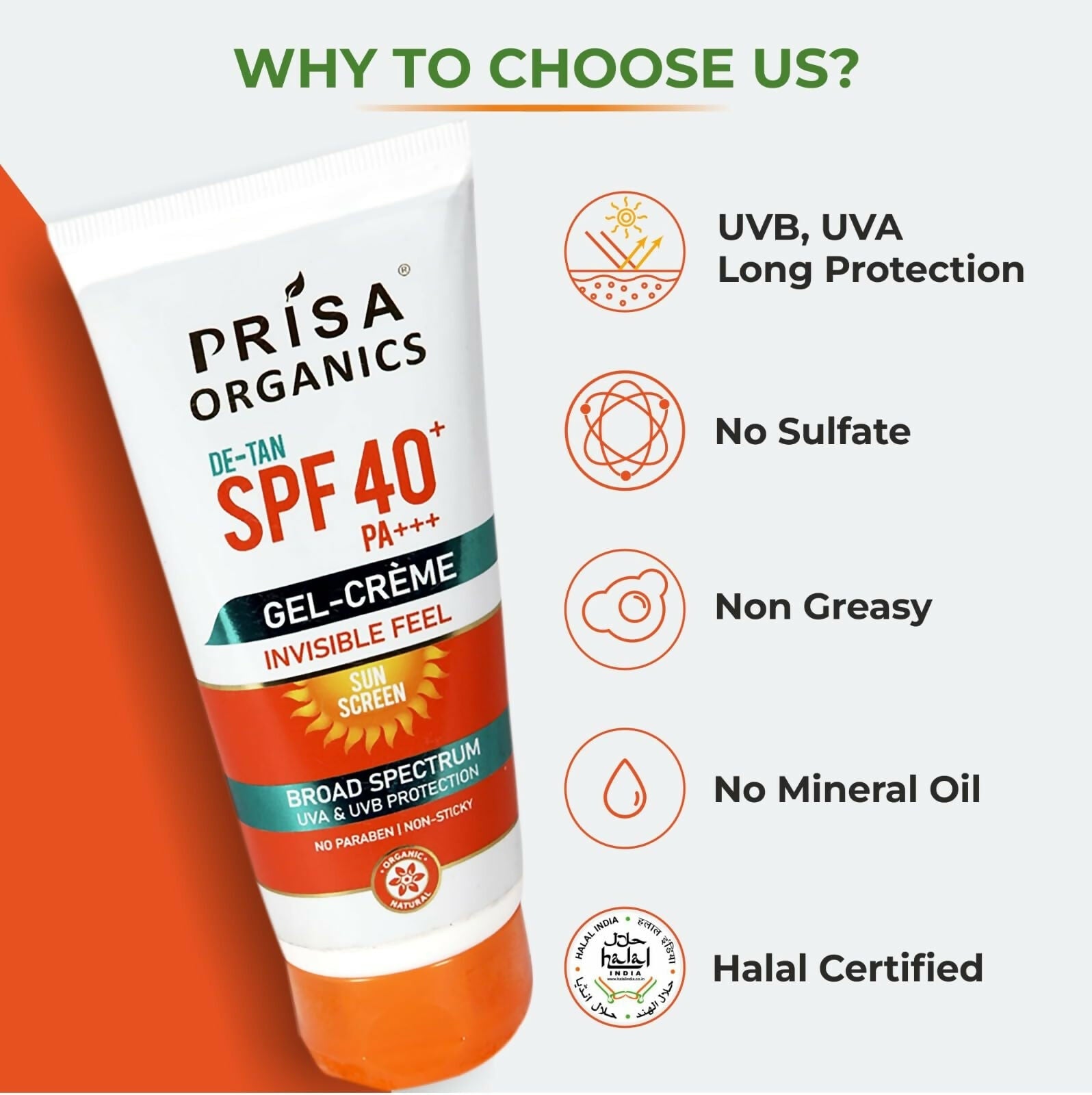 Prisa Organics De-Tan Sun Screen SPF 40 PA+++ Invisible Feel Gel Cream | Grocsy