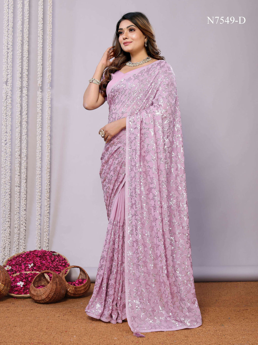 Pink Pure Georgette Embroidered Saree With Stitched Blouse - Nimaya Kaksha | Grocsy