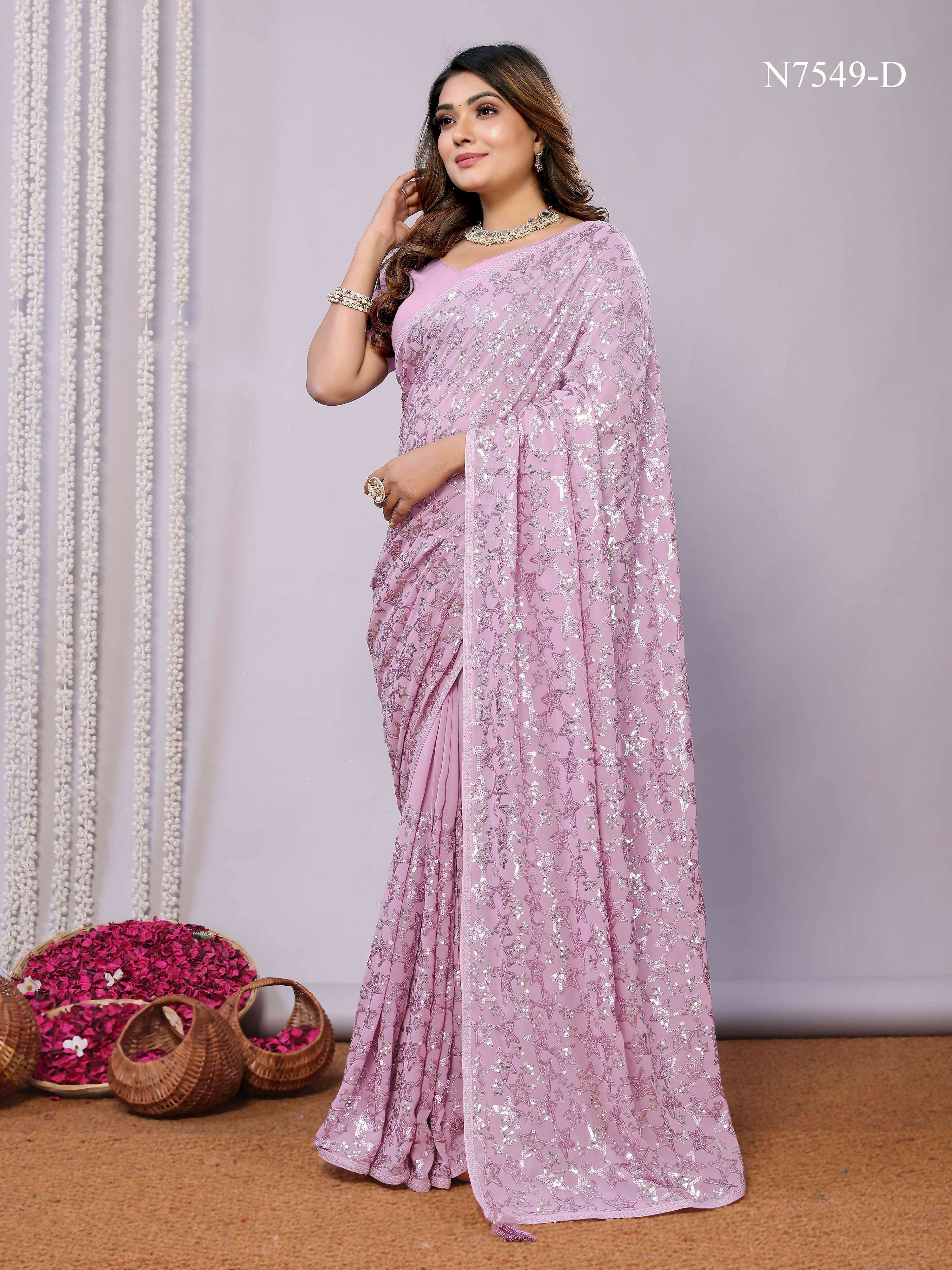 Pink Pure Georgette Embroidered Saree With Stitched Blouse - Nimaya Kaksha | Grocsy