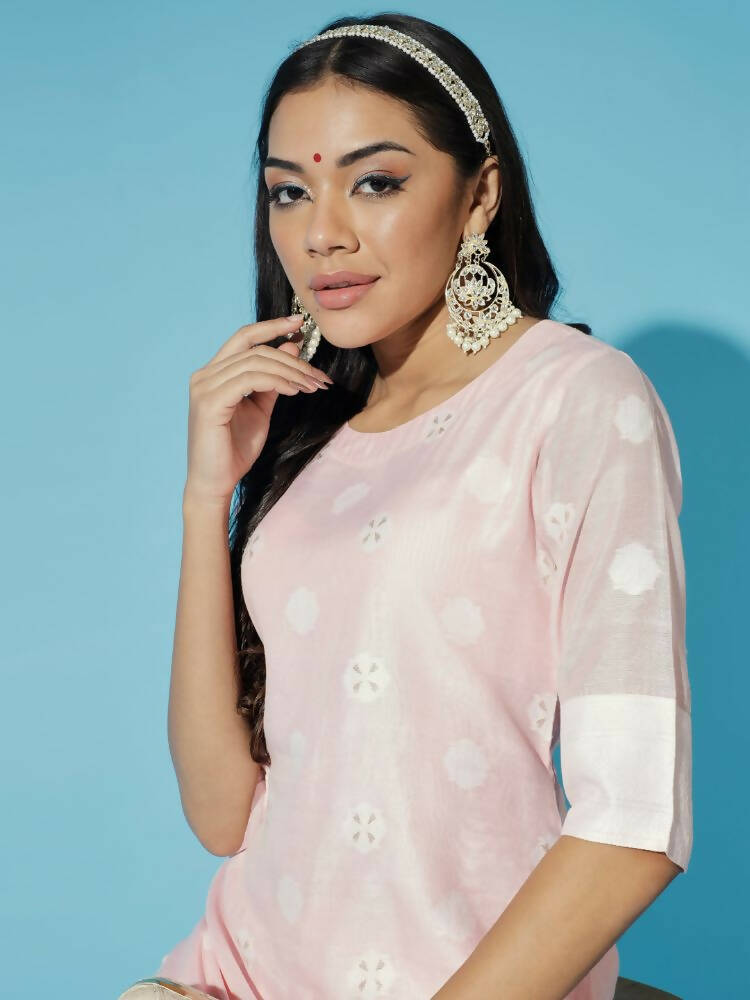 Myshka Women Pink Embroidered Kurta & Trousers With Dupatta | Grocsy
