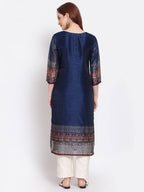 Myshka Women's Navy Blue Printed Chanderi Silk 3/4 Sleeve Round Neck Casual Kurta | Grocsy