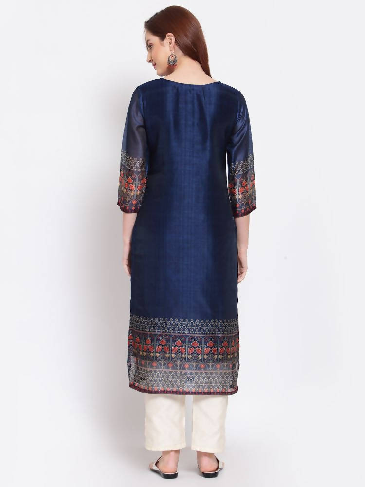 Myshka Women's Navy Blue Printed Chanderi Silk 3/4 Sleeve Round Neck Casual Kurta | Grocsy