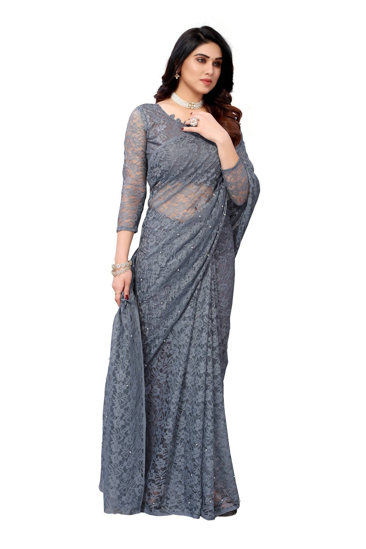 Vamika Ethnic Fire Grey Pearls Net Saree | Grocsy