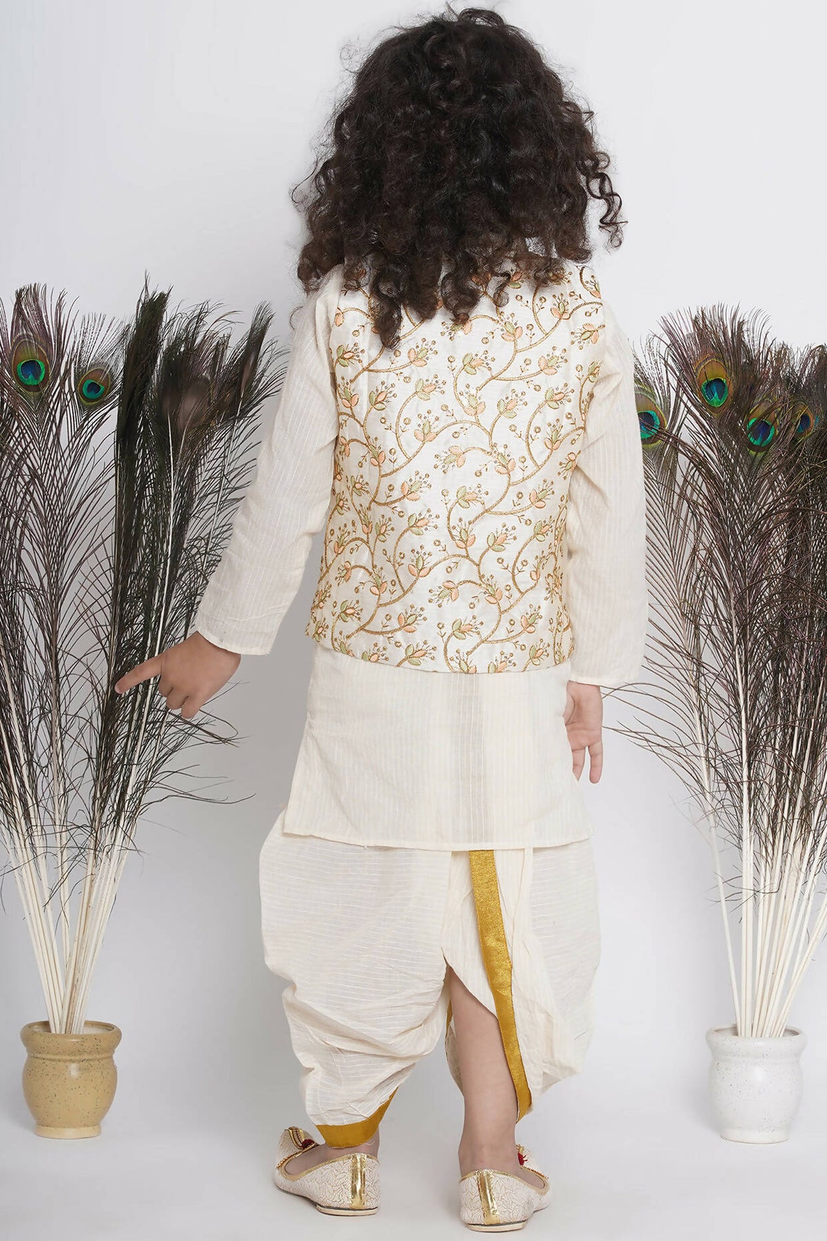 Little Bansi Banarsi Silk Floral Embroidery Jacket With Cotton Kantha kurta And Kantha Dhoti - Cream | Grocsy