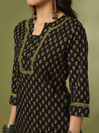 Myshka Women's Black Printed Cotton Straight Party Kurta Set | Grocsy