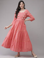 Yufta Coral Pink Embellished Embroidered Ethnic Dress | Grocsy