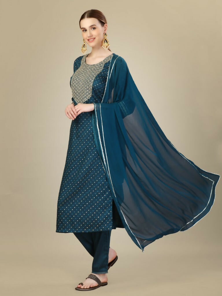 Jyoti Fashion Women's Morpich Silk Blend Embroidery & Sequence work Kurta with Trouser & Dupatta | Grocsy