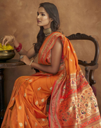 Vastranavya Orange Soft Paithani Silk Saree With Gold Zari Weaving Motifs With Matching Blouse Fabric | Grocsy