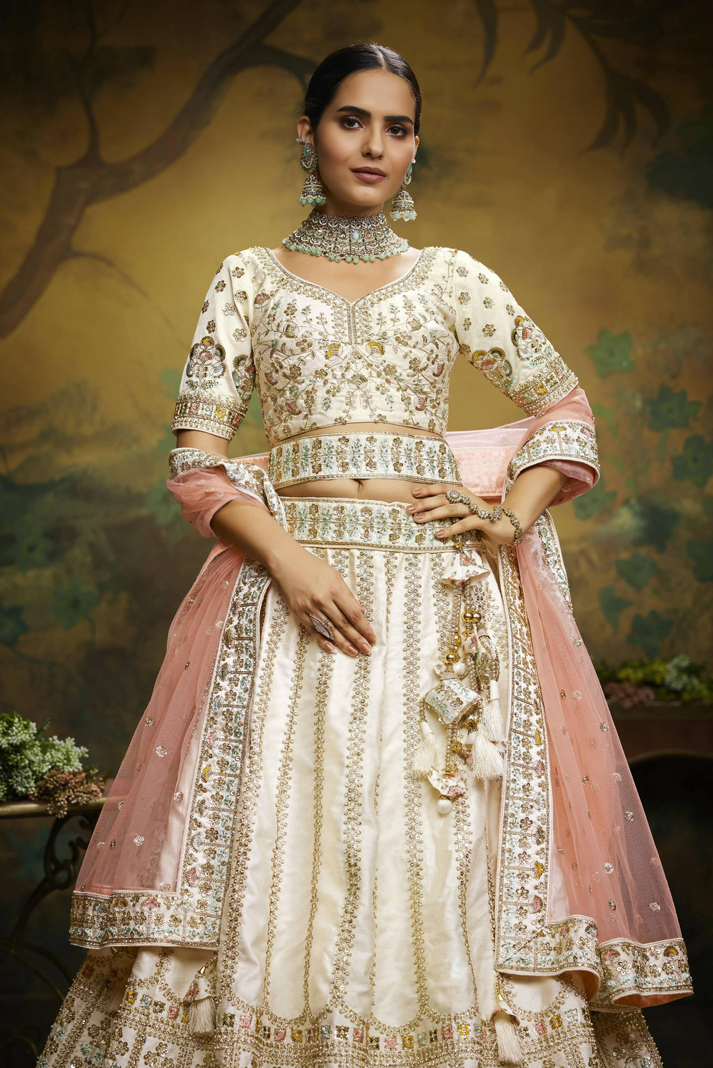 House of Panchhi Off White Pure Silk Moti & Zarkan heavy embroidery Lehenga choli & Dupatta | Grocsy