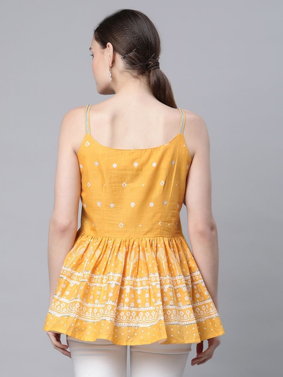 Ahalyaa Women Mustard Pure Cotton Porcian Print Shoulder Straps Tunic | Grocsy