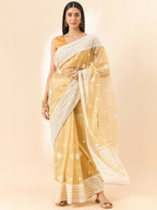 Beige Organza Geometric Embroidered Saree with Unstitched Blouse Piece - Roozal | Grocsy