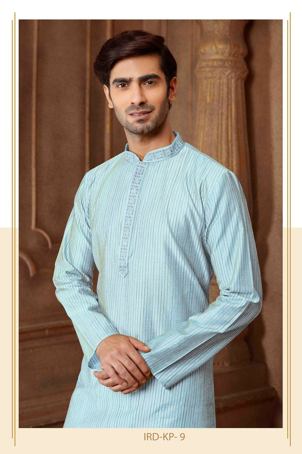 Joban Fashion Sky Blue Art Silk Blend Strips kurta Pyjama | Grocsy