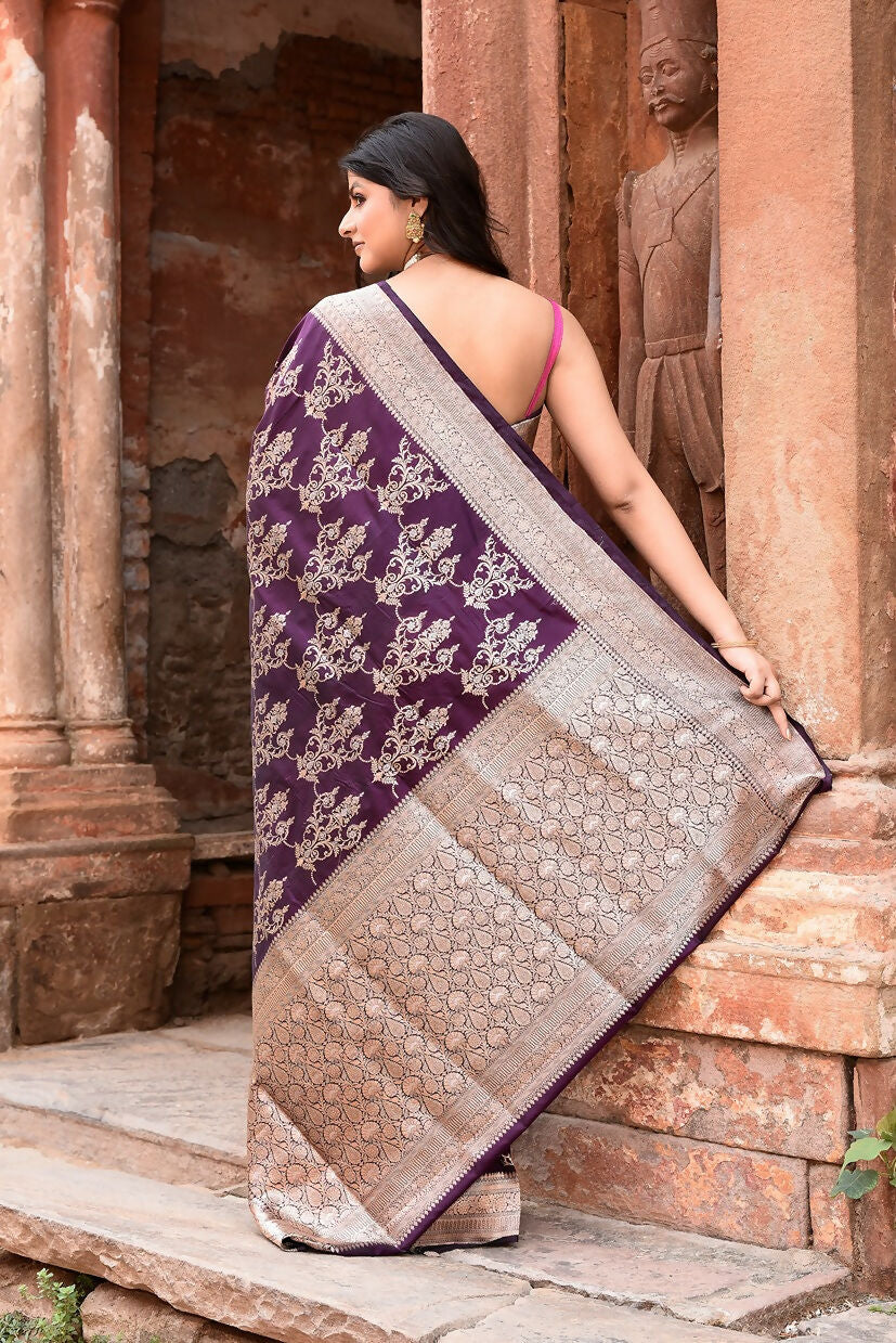 Joban Fashion Purple Pure Katan Pure Handloom Banarasi Silk Saree | Grocsy