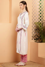Cheera Women Stylish Hand Block Printed Cotton Blend Flared Kurta - Off White | Grocsy