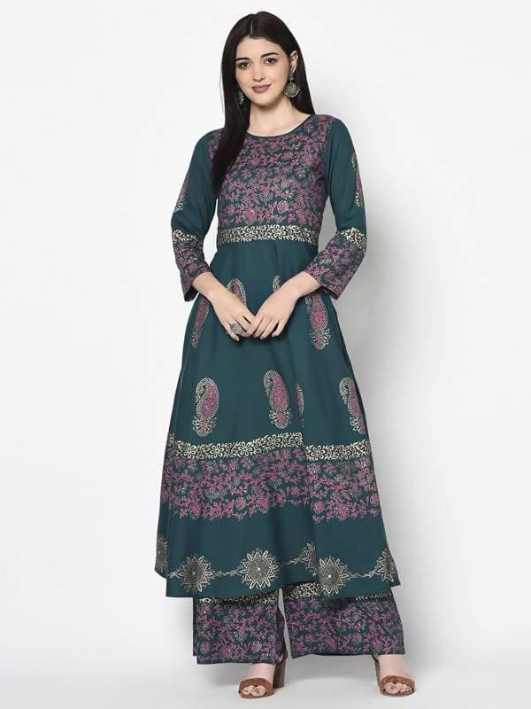 Aniyah Rayon Teal Blue Color Block Print Anarkali Kurta (AN-221K) | Grocsy