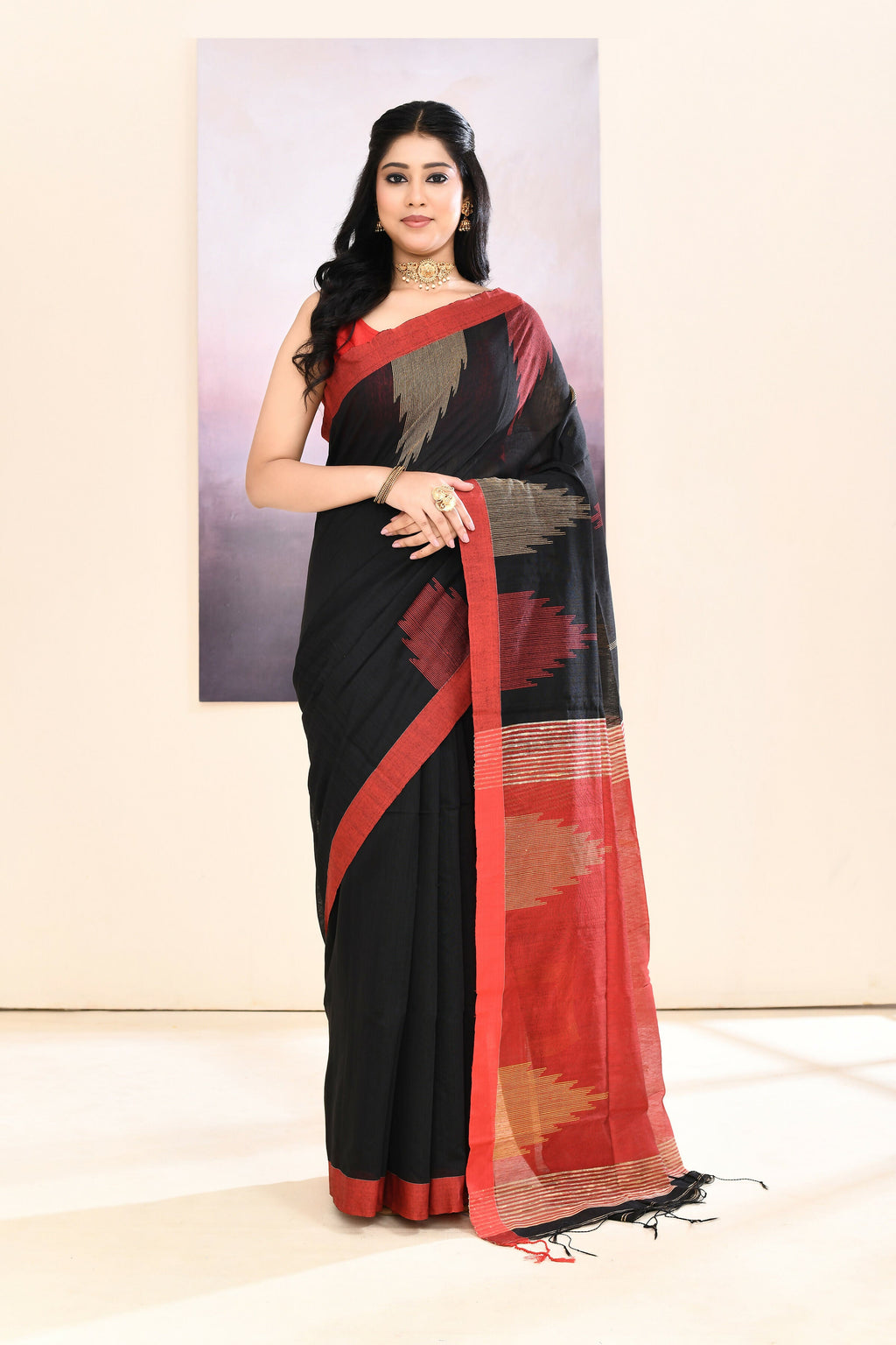 Piyari Fashion Women's Black Temple Border Embellished Cotton Blend Jamdani Saree | Grocsy