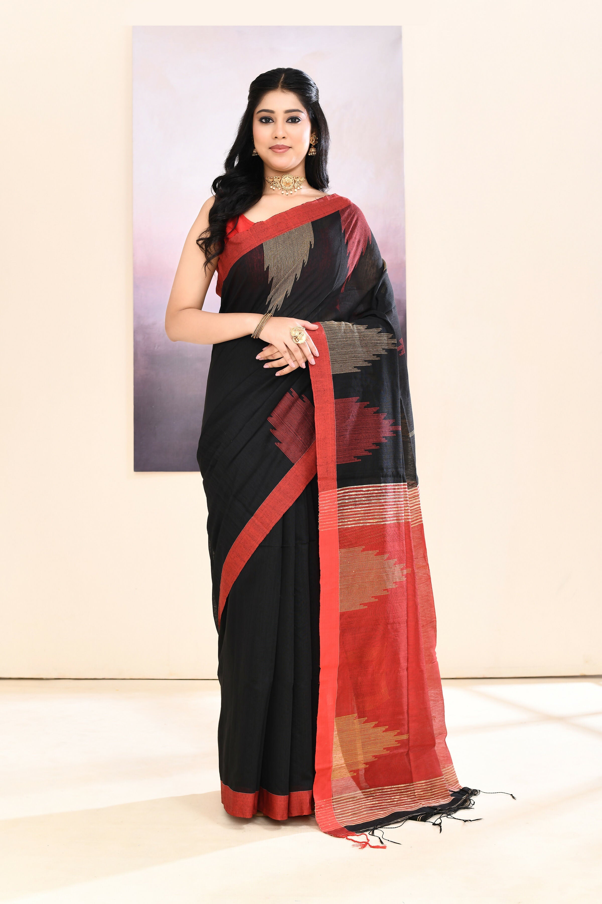 Piyari Fashion Women's Black Temple Border Embellished Cotton Blend Jamdani Saree | Grocsy