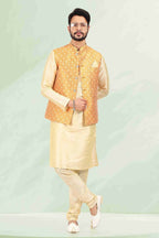 Raivat Ethnic Jacquard Banarasi Silk Woven Work 3 Pics Jacket Set In Mustard Colour | Grocsy