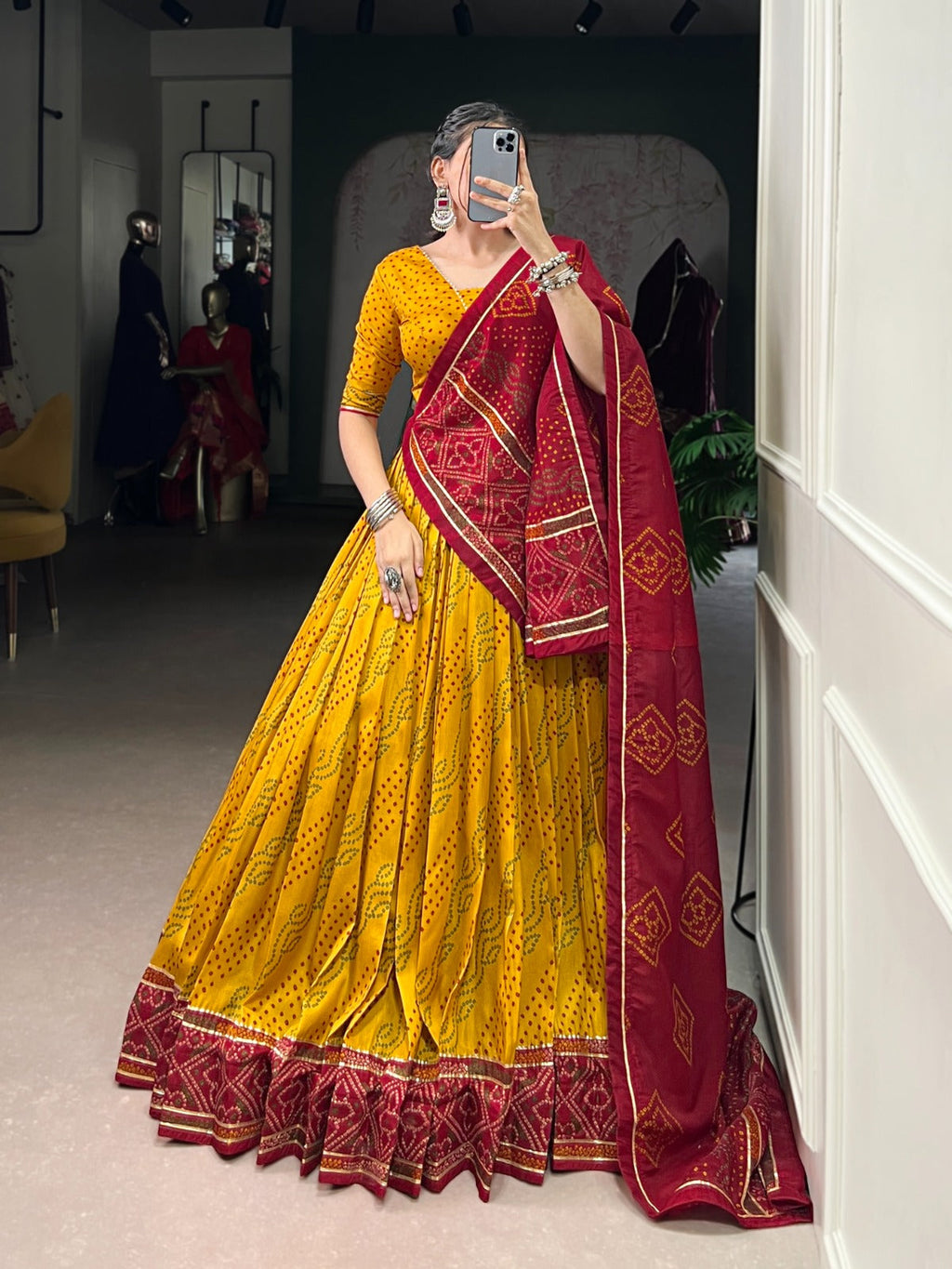Lorenvalley Fashion Yellow Tasar Silk Bandhej Print With Gotta Patti Lace Touch Up Lehenga Choli with Dupatta | Grocsy