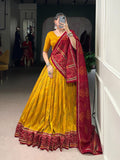 Lorenvalley Fashion Yellow Tasar Silk Bandhej Print With Gotta Patti Lace Touch Up Lehenga Choli with Dupatta | Grocsy