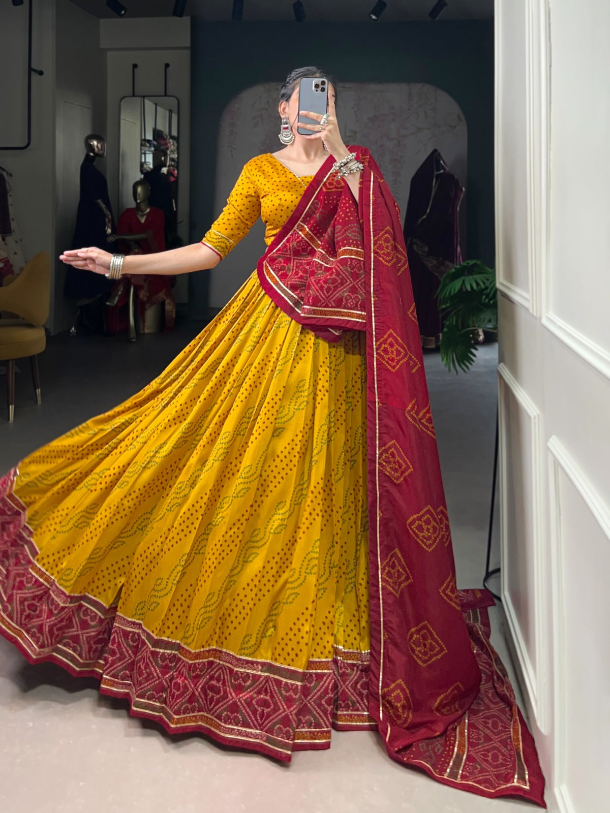Lorenvalley Fashion Yellow Tasar Silk Bandhej Print With Gotta Patti Lace Touch Up Lehenga Choli with Dupatta | Grocsy