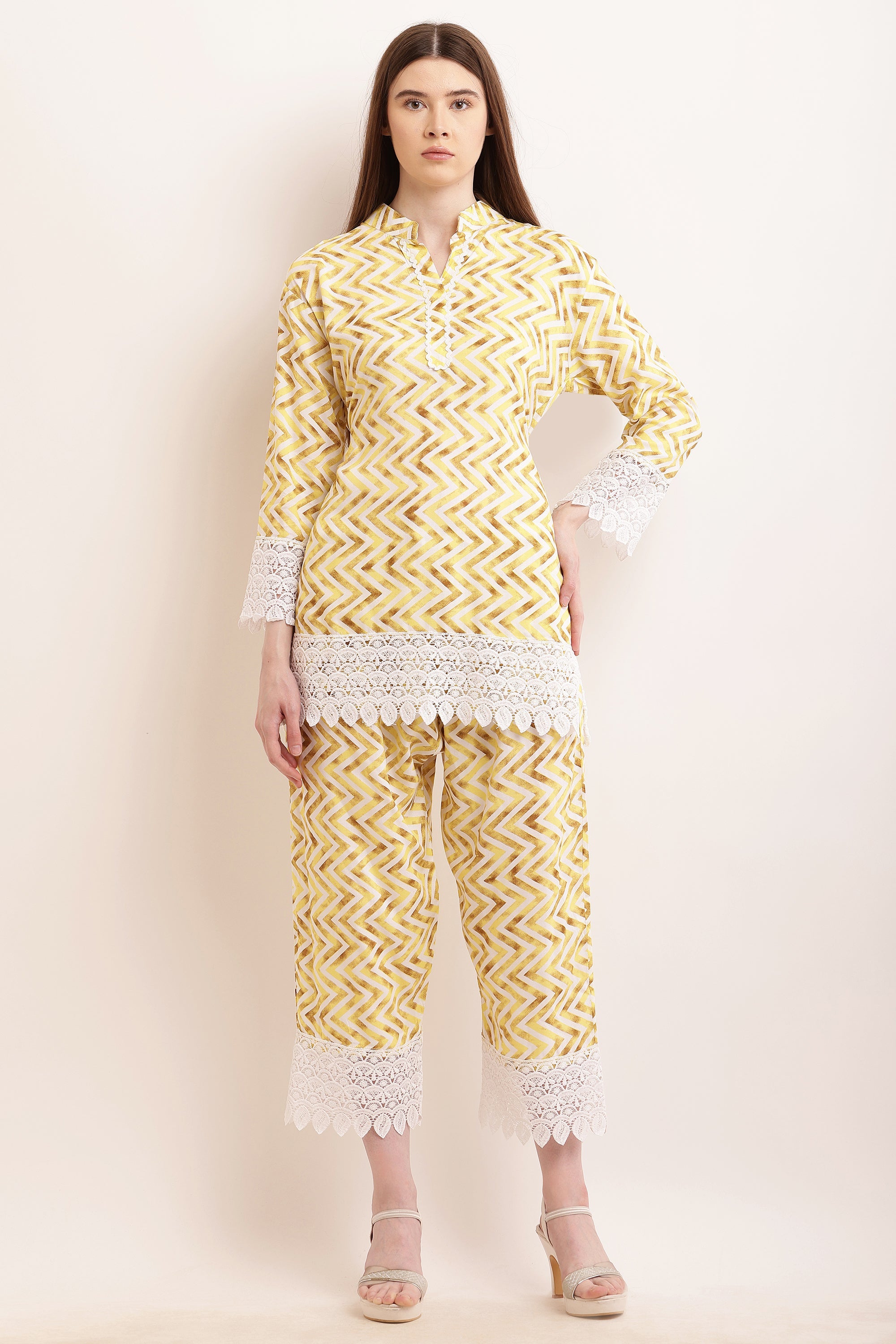 PAVONINE Yellow Color Zig-Zag Printed with Lace Inserted Cord Set For Women | Grocsy