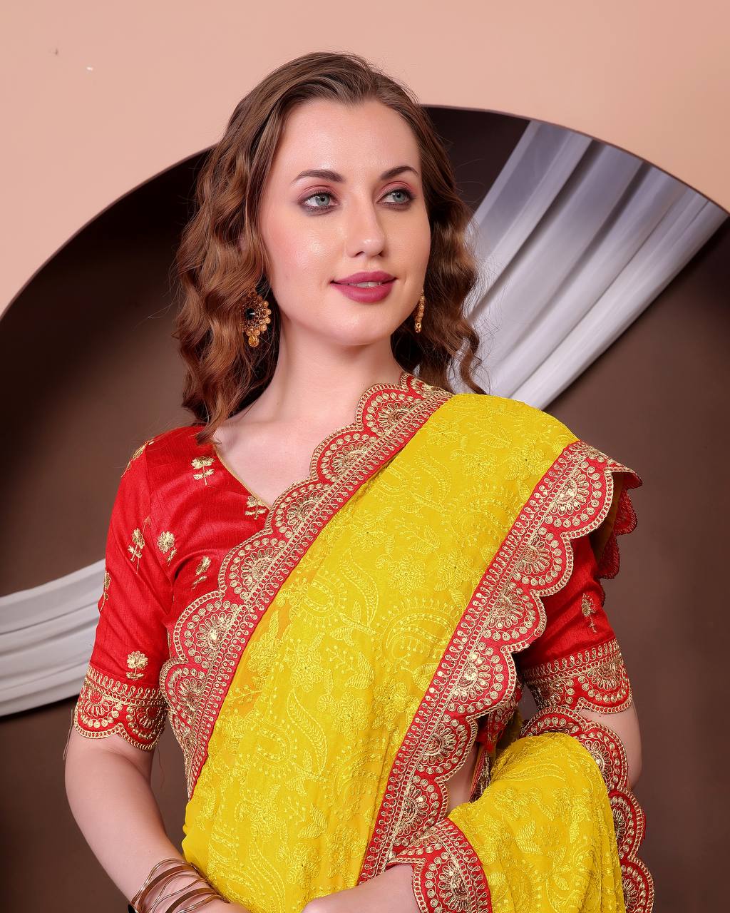 Teeya Creation Yellow Color Georgette Fabric Chikankari Work Saree | Grocsy