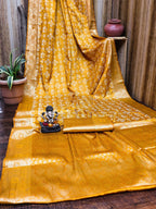 Anaita Yellow Soft Satin Silk Bandhej Print Saree With Kanchi Zari Weaving Border | Grocsy