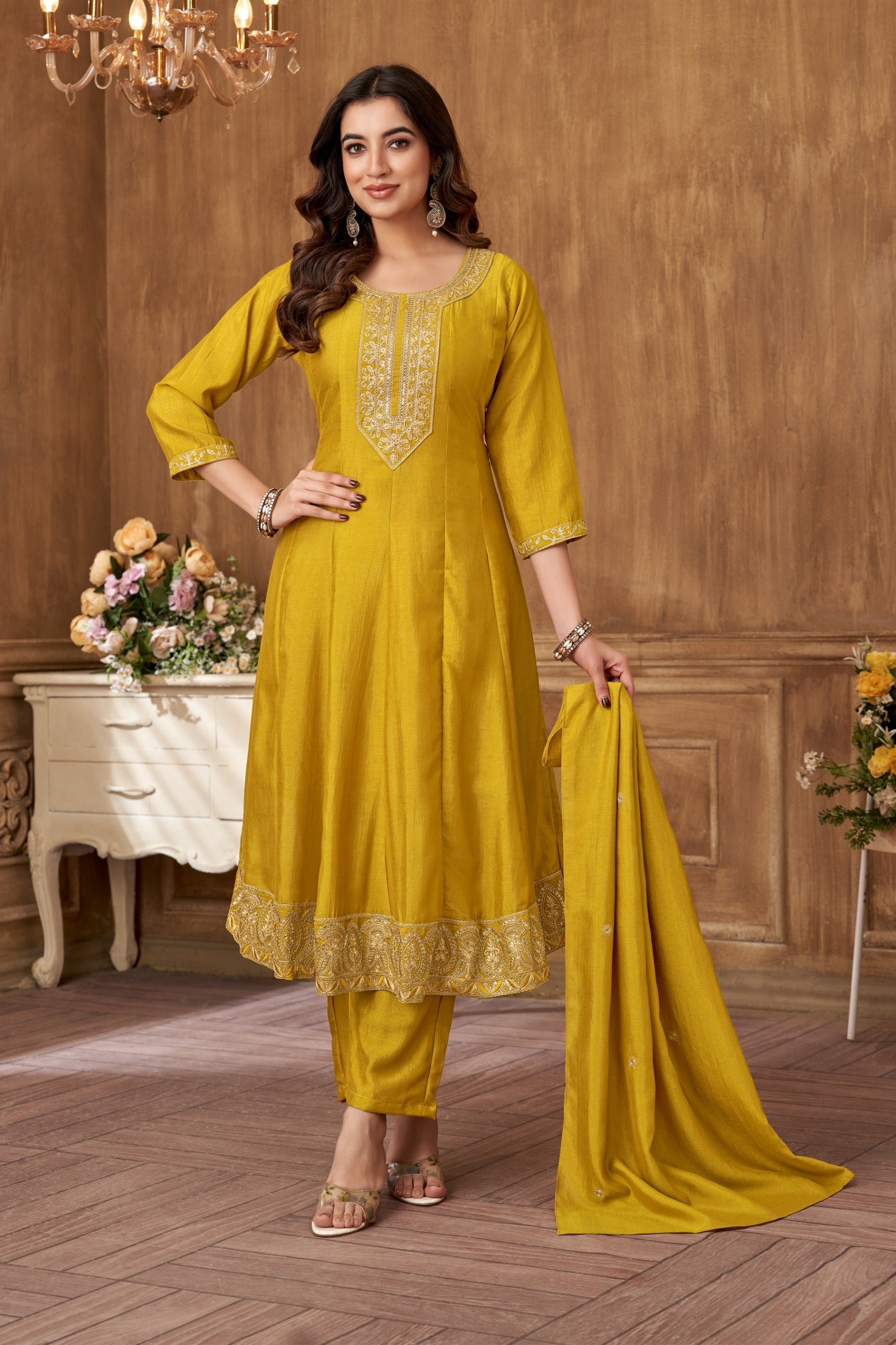 Anaita Yellow Anarkali Readymade Suit with Embroidery Work | Grocsy