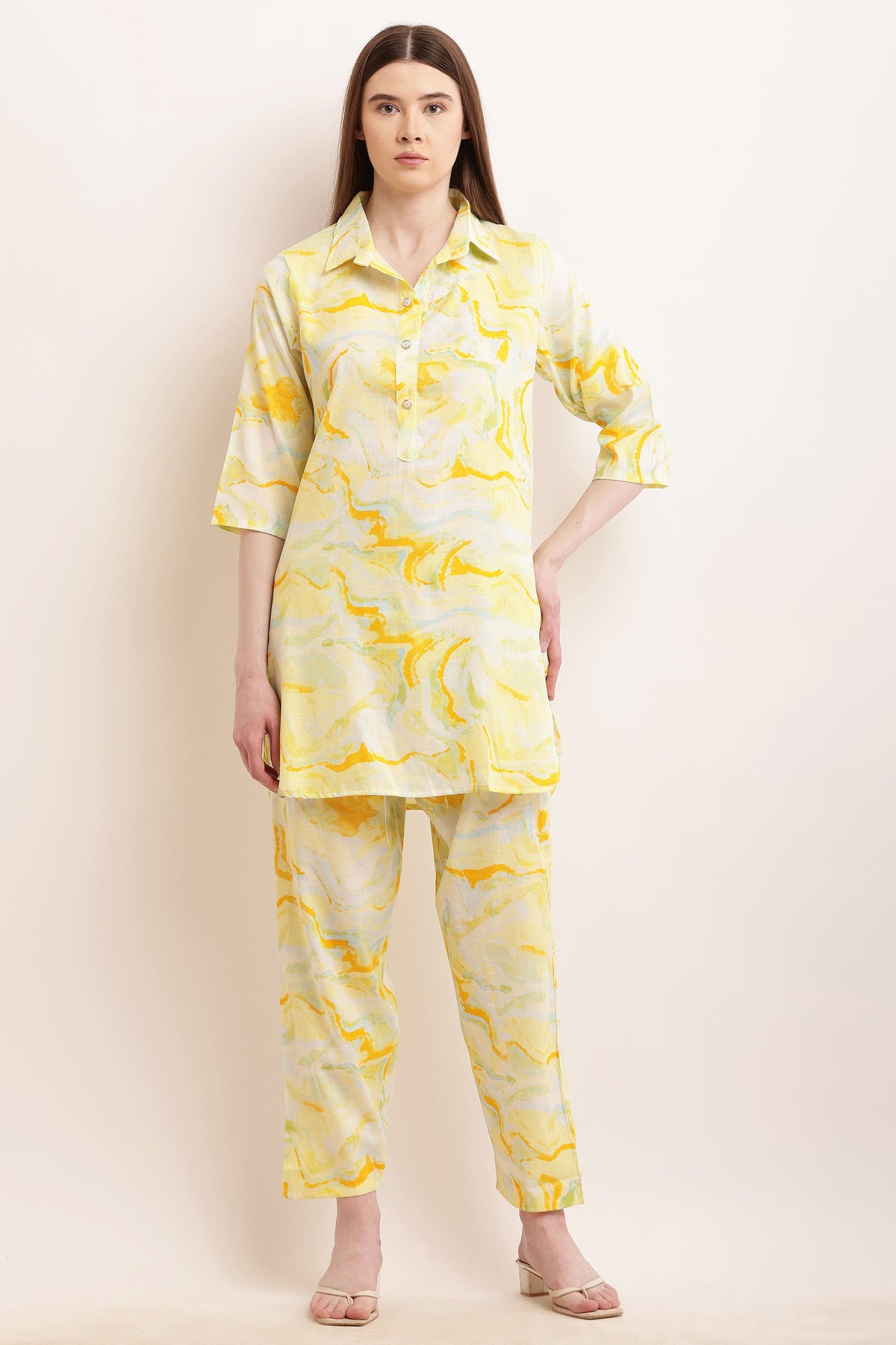 PAVONINE Yellow Color Ted-Dye Printed Cord Set For Women | Grocsy