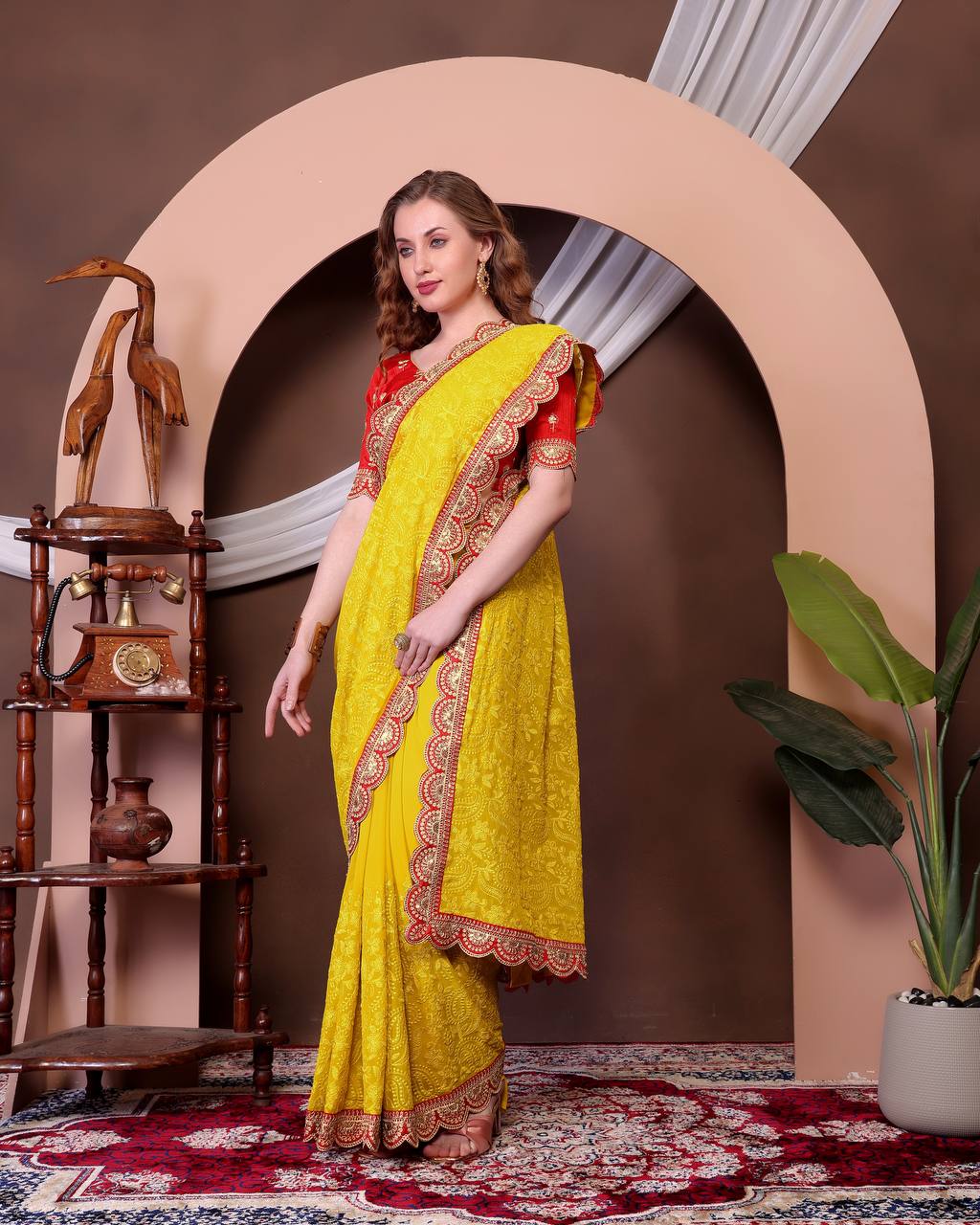 Teeya Creation Yellow Color Georgette Fabric Chikankari Work Saree | Grocsy