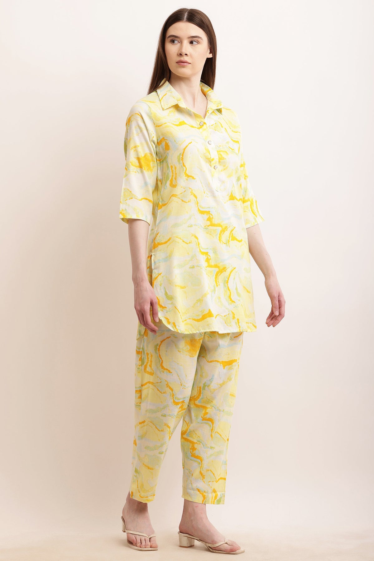 PAVONINE Yellow Color Ted-Dye Printed Cord Set For Women | Grocsy