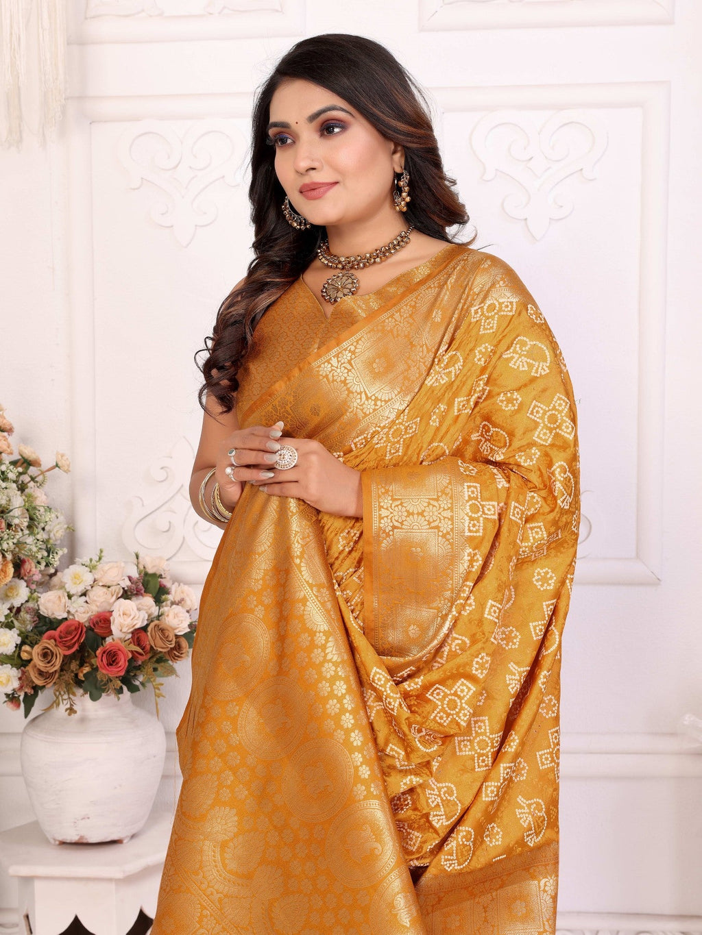 Anaita Yellow Soft Satin Silk Bandhej Print Saree With Kanchi Zari Weaving Border | Grocsy
