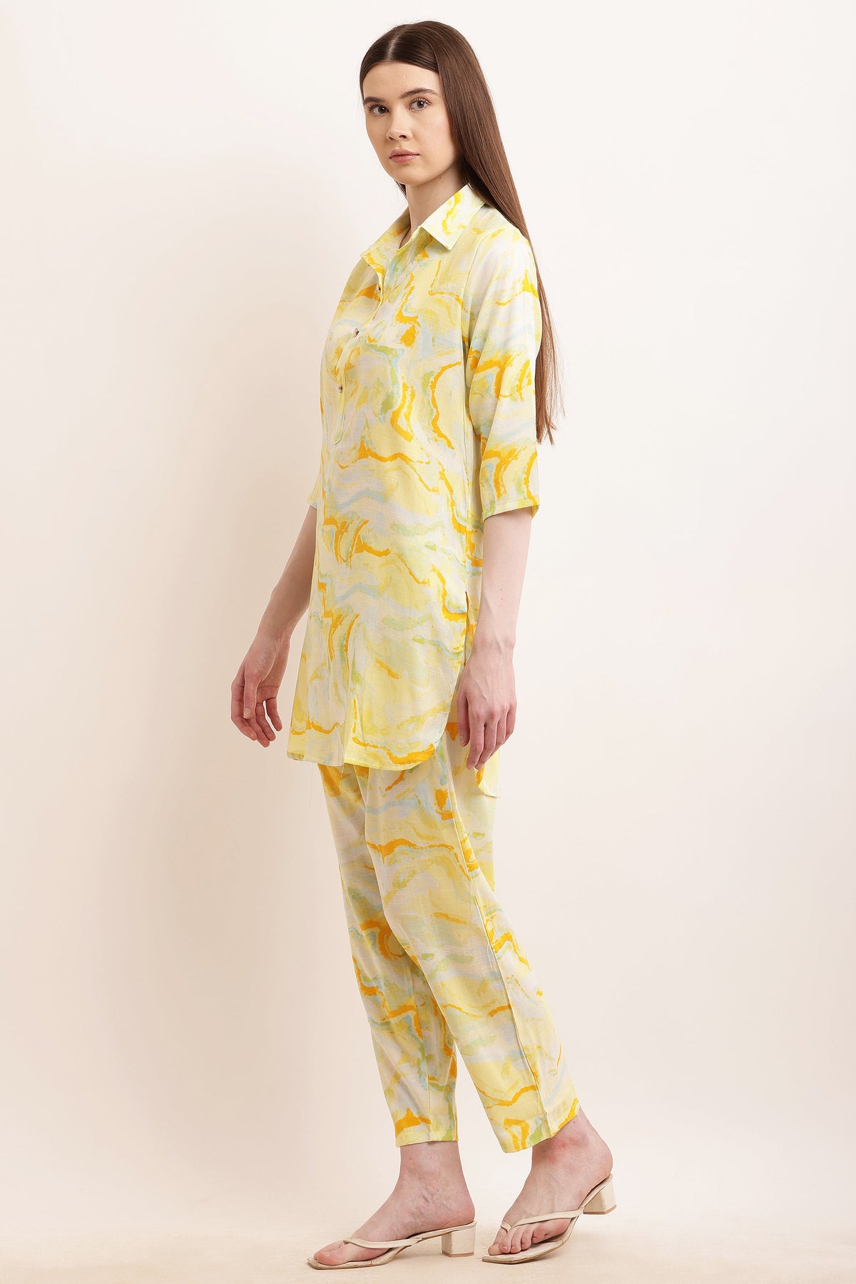 PAVONINE Yellow Color Ted-Dye Printed Cord Set For Women | Grocsy