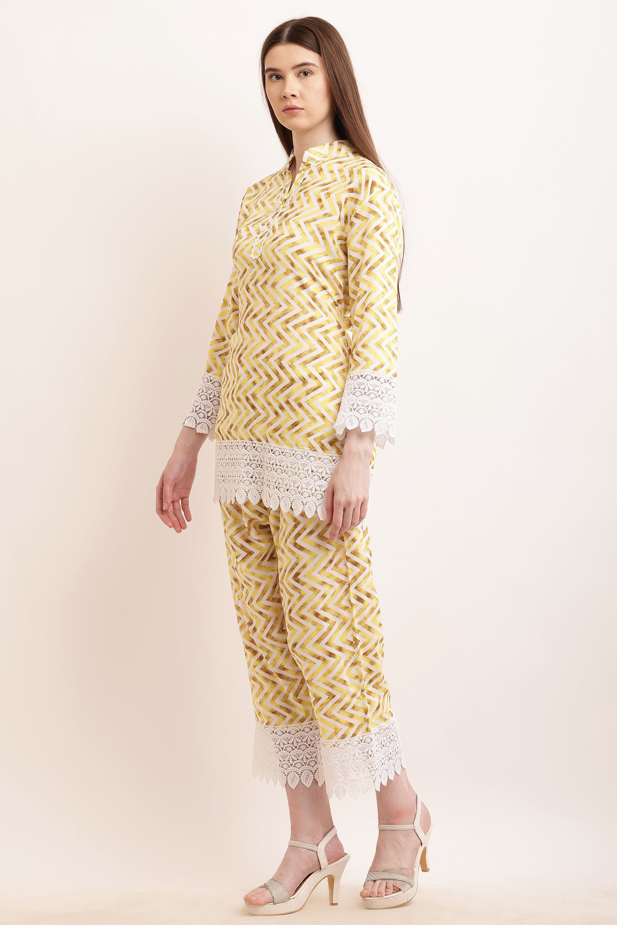 PAVONINE Yellow Color Zig-Zag Printed with Lace Inserted Cord Set For Women | Grocsy