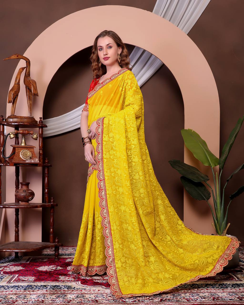 Teeya Creation Yellow Color Georgette Fabric Chikankari Work Saree | Grocsy