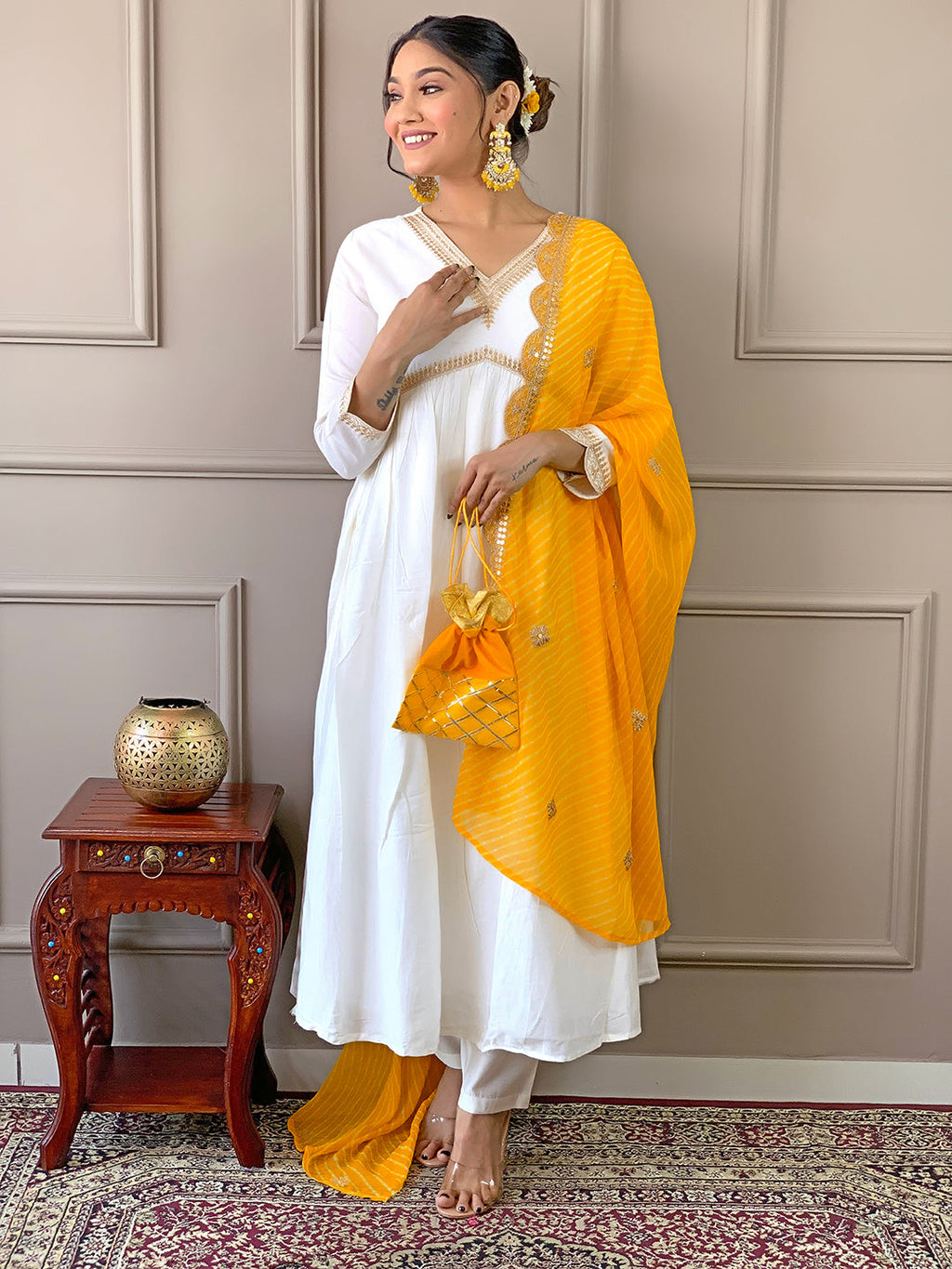 The52 Women's Gorgeous Embroidery Chandrei Fabric Straight Kurta, Pant and Dupatta Set | Grocsy