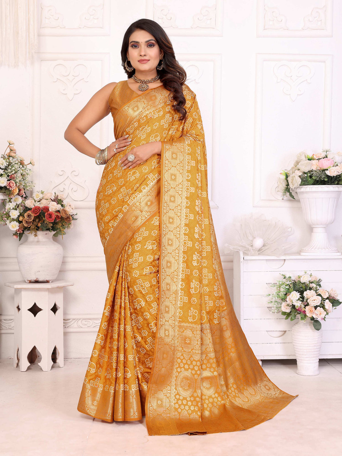 Anaita Yellow Soft Satin Silk Bandhej Print Saree With Kanchi Zari Weaving Border | Grocsy