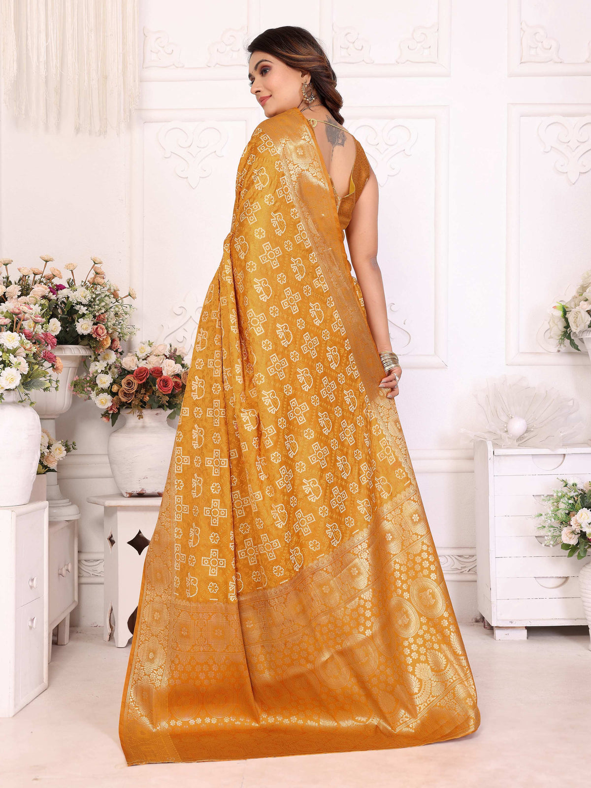 Anaita Yellow Soft Satin Silk Bandhej Print Saree With Kanchi Zari Weaving Border | Grocsy