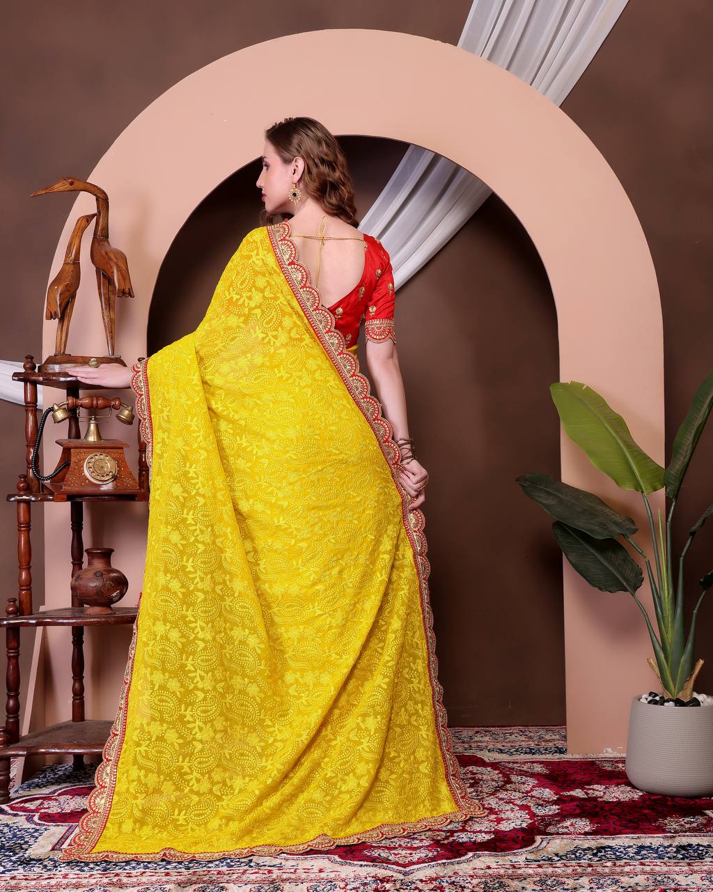 Teeya Creation Yellow Color Georgette Fabric Chikankari Work Saree | Grocsy