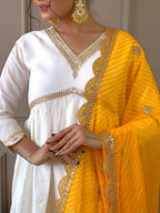 The52 Women's Gorgeous Embroidery Chandrei Fabric Straight Kurta, Pant and Dupatta Set | Grocsy