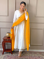 The52 Women's Gorgeous Embroidery Chandrei Fabric Straight Kurta, Pant and Dupatta Set | Grocsy