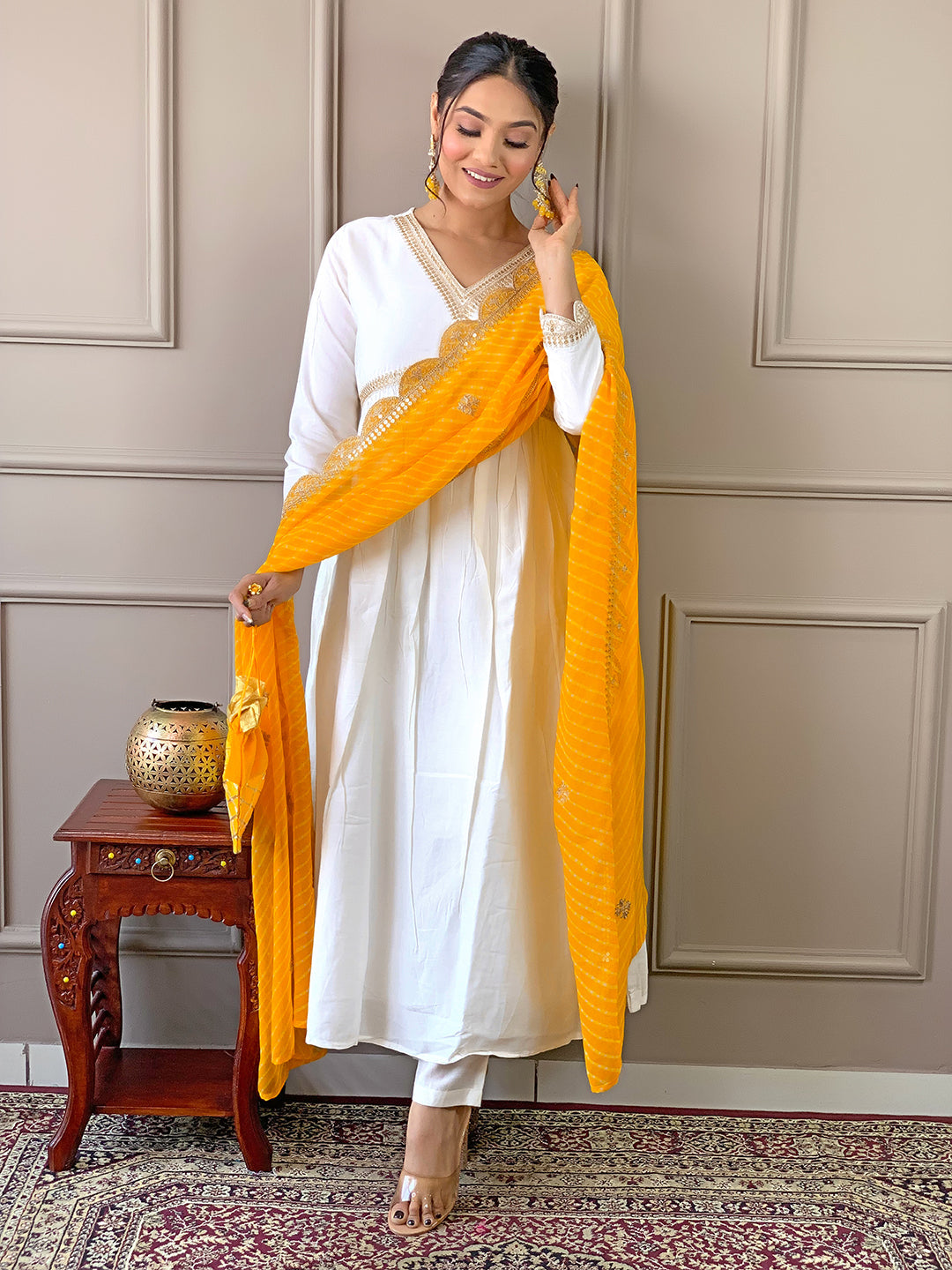 The52 Women's Gorgeous Embroidery Chandrei Fabric Straight Kurta, Pant and Dupatta Set | Grocsy