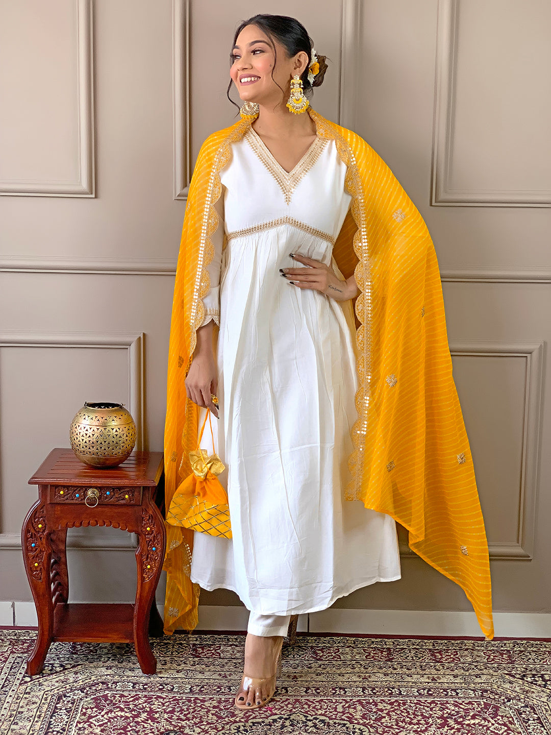 The52 Women's Gorgeous Embroidery Chandrei Fabric Straight Kurta, Pant and Dupatta Set | Grocsy