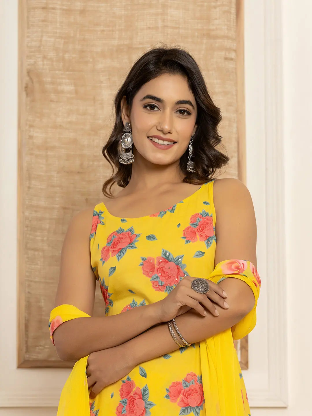 Yufta Yellow Floral Print Cotton A-Line Style Kurta And Trousers With Dupatta Set | Grocsy
